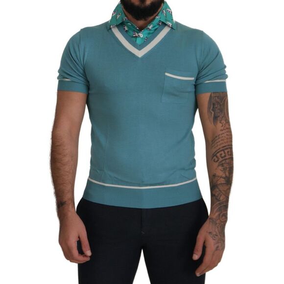 Dolce & Gabbana Blue Silk Polo Top Mens V-neckMen's T-shirt